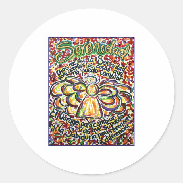 Sticker Rond Angel de prière de sérénité (texte espagnol) (Devant)