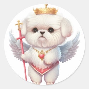 Sticker Rond Angel Maltese Chiot, Maltes amoureux de les chiens