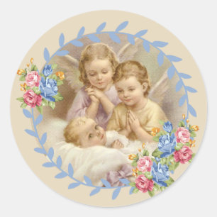 Sticker Rond Anges gardiens avec couronne Rose de bébé