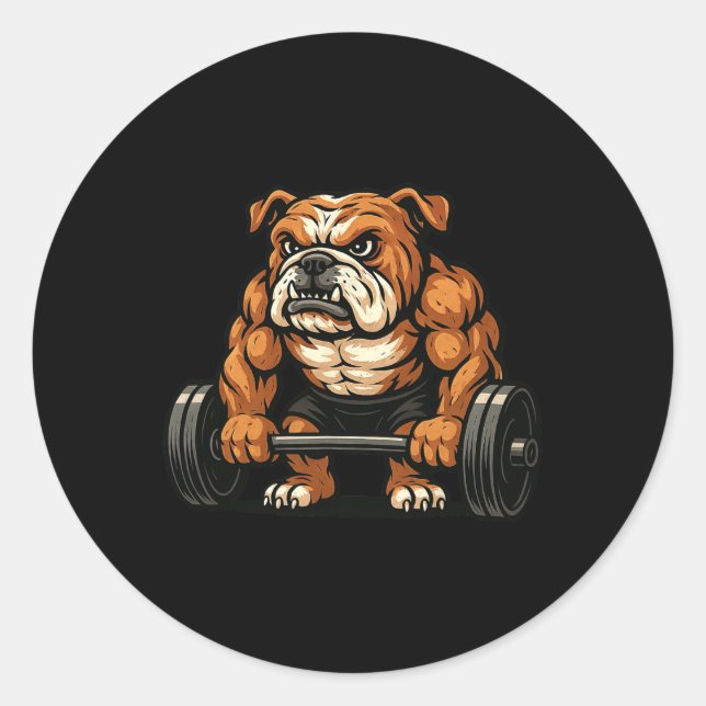 Sticker Rond Anglais Bulldog Poids Bodybuilder entraînement (Devant)