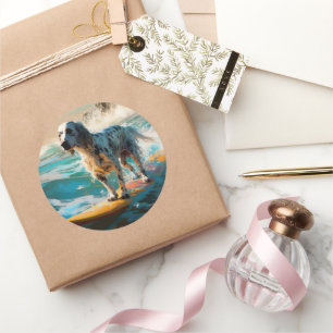 Sticker Rond Anglais Setter Beach Surfing Painting