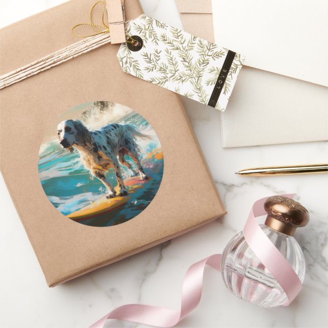 Sticker Rond Anglais Setter Beach Surfing Painting (Cadeaux)