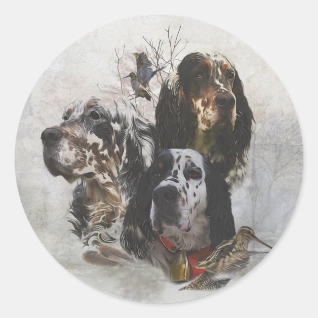 Sticker Rond Anglais Setter, chasse à la bécasse (Devant)