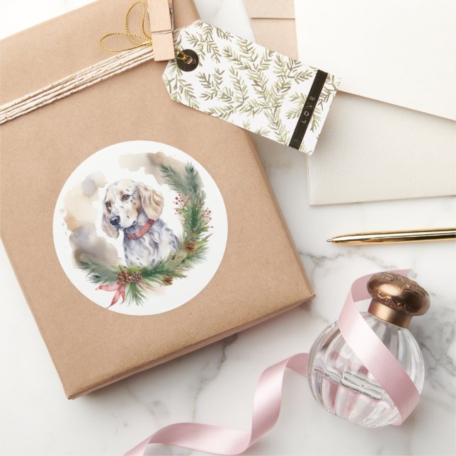 Sticker Rond Anglais Setter Christmas Wreath Festive Pup (Cadeaux)