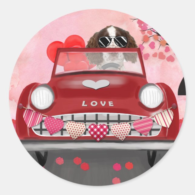 Sticker Rond Anglais Springer Spaniel Car Hearts Valentine's (Devant)