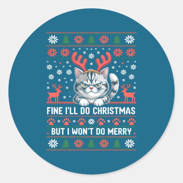 Sticker Rond Angry Antler Cat Funny Xmas Ugly Sweater Long Slee (Devant)