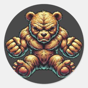 Sticker Rond Angry Musculaire Teddy ours couleur illustration a