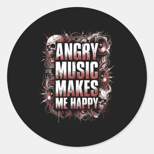 Sticker Rond Angry Music Makes Me Happy Heavy Metal Skull Rock  (Devant)