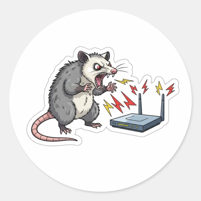 Sticker Rond Angry Possum WiFi Rage Cartoon - Funny Tech (Devant)