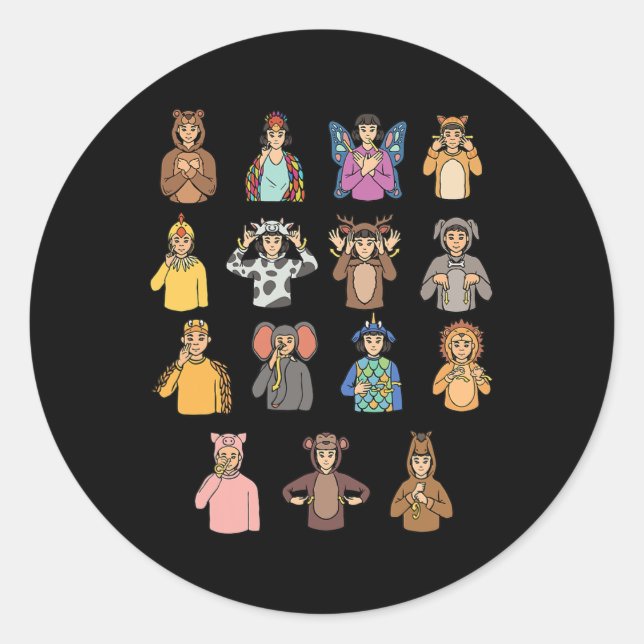 Sticker Rond Animaux ASL Gesture mains Sourdes Perte auditive A (Devant)