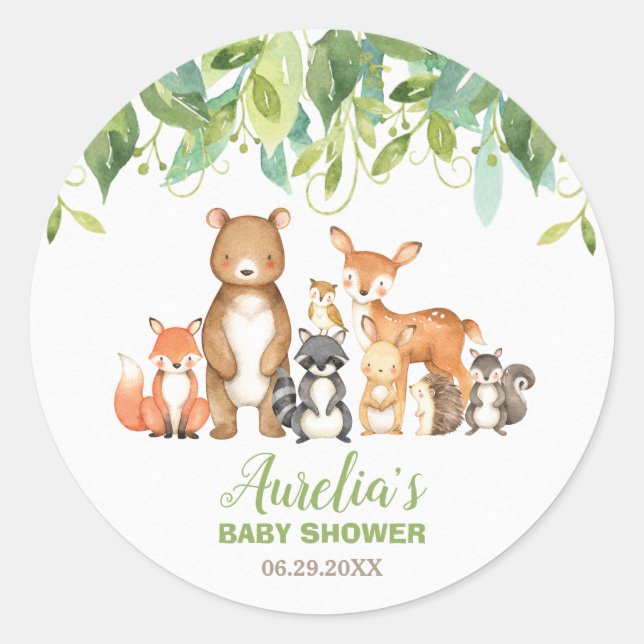 Sticker Rond Animaux de bois Baby shower Forêt Neutre Favoriser (Devant)