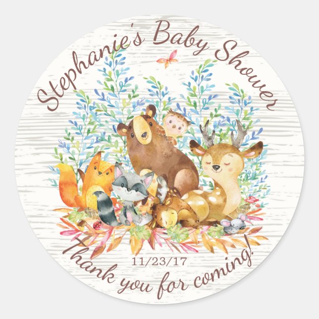 Sticker Rond Animaux de bois Baby shower neutre Favoriser l'aut (Devant)