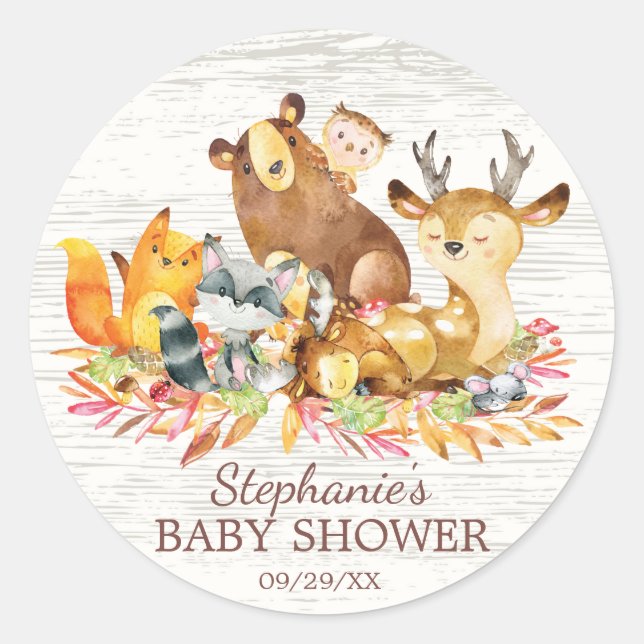 Sticker Rond Animaux de bois Baby shower neutre Favoriser l'aut (Devant)