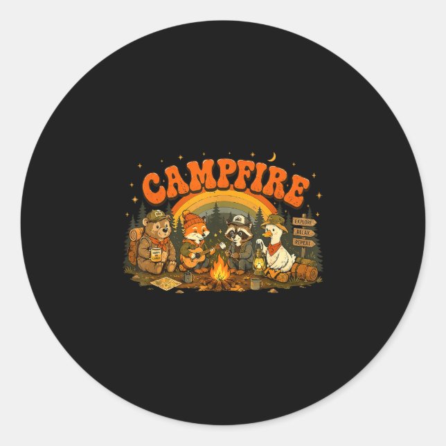 Sticker Rond Animaux de camping feu de camp campeur aventure pl (Devant)