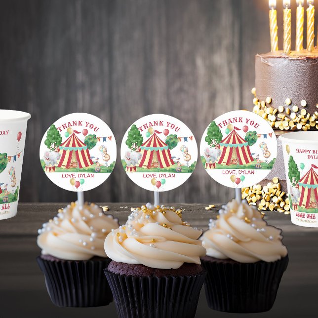 Sticker Rond Animaux de carnaval de cirque et Merci de grand ha (Circus Themed Stickers personalized for Kids Birthday)
