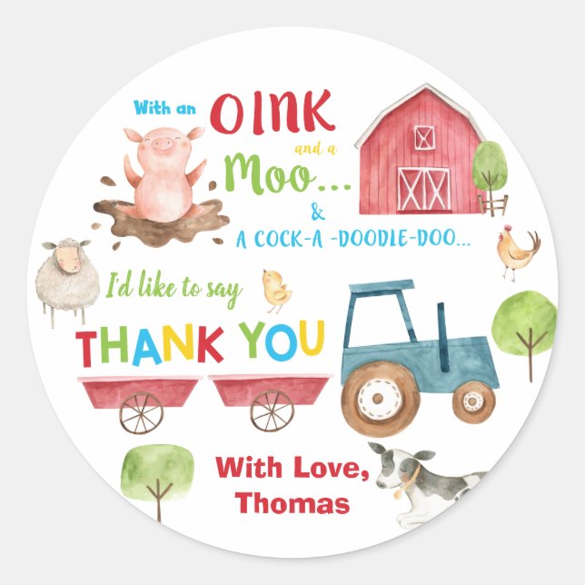 Sticker Rond Animaux de ferme Barnyard Anniversaire Merci Favor (Devant)