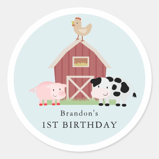 Sticker Rond Animaux de ferme Barnyard Blue Boy Anniversaire (Devant)