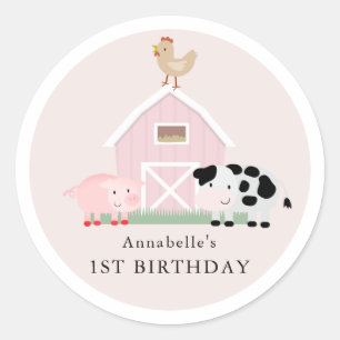 Sticker Rond Animaux de ferme Barnyard Rose Girl Anniversaire