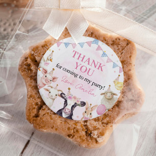 Sticker Rond Animaux de ferme de filles roses Anniversaire