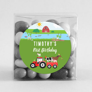 Sticker Rond Animaux de ferme et tracteur rouge Thème de fête d