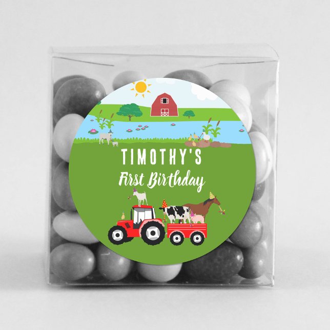 Sticker Rond Animaux de ferme et tracteur rouge Thème de fête d (Créateur téléchargé)