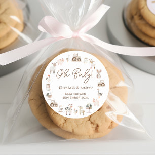 Sticker Rond Animaux de ferme modernes Baby shower neutre pour