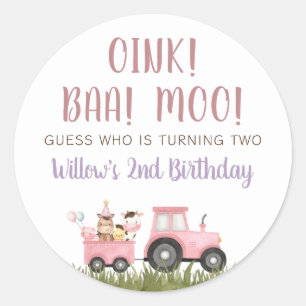 Sticker Rond Animaux de ferme roses Anniversaire Classic Round 