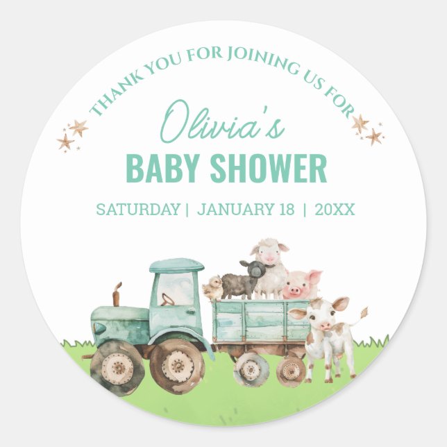 Sticker Rond Animaux de ferme Tracteur Baby shower neutre pour  (Devant)