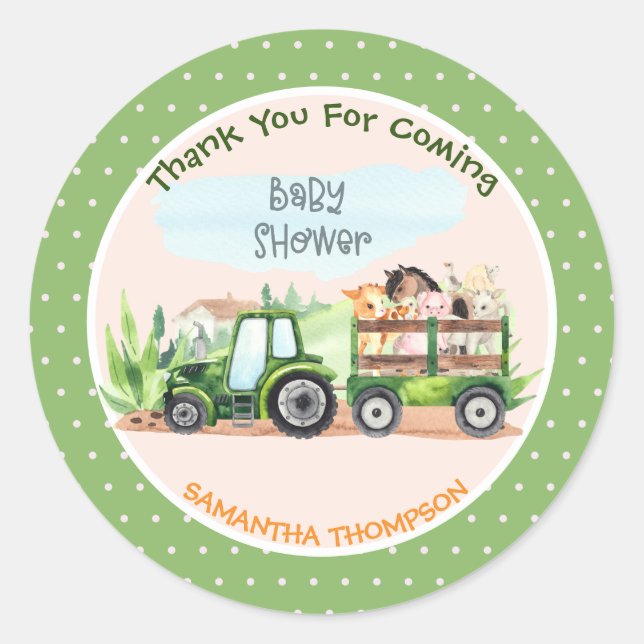 Sticker Rond Animaux de ferme Tracteur vert Garçons Baby shower (Devant)