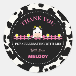 Sticker Rond Animaux de ferme Vache rose Barnyard 1er anniversa