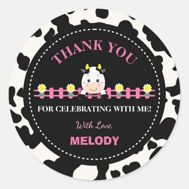 Sticker Rond Animaux de ferme Vache rose Barnyard 1er anniversa (Devant)