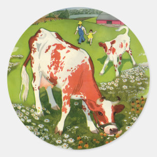 Sticker Rond Animaux de ferme vintage, vaches paissant avec un