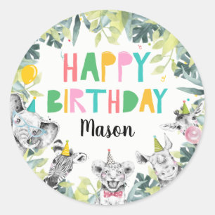 Sticker Rond Animaux de fête Garçon Safari Animaux Anniversaire