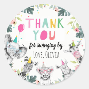 Sticker Rond Animaux de fête Safari fille Merci rose sauvage