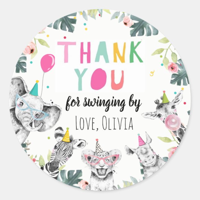 Sticker Rond Animaux de fête Safari fille Merci rose sauvage (Devant)