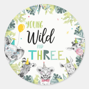 Sticker Rond Animaux de fête Safari Garçon Jeune Wild Trois tie