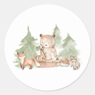 Sticker Rond Animaux de la forêt de bois aquarelle Baby Shower