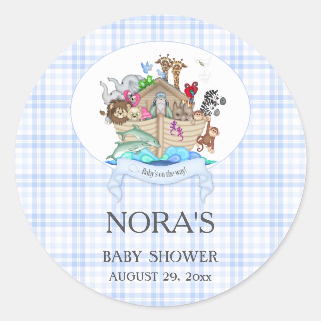 Sticker Rond Animaux de l'Arche de Noé Gingham Bleu (Devant)