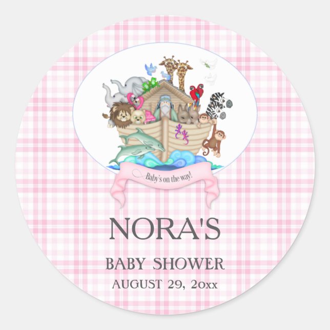 Sticker Rond Animaux de l'Arche de Noé Gingham Rose (Devant)