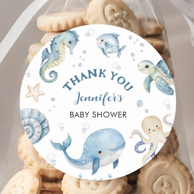 Sticker Rond Animaux de l'Océan Fête de Naissance Garçon Mer Bl (Créateur téléchargé)