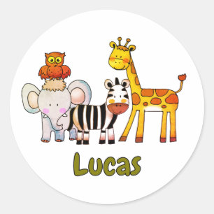 Sticker Rond Animaux de safari de dessin animé mignons nom pers