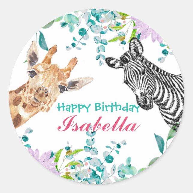 Sticker Rond animaux de safari jungle Floral Anniversaire (Devant)