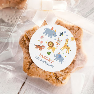 Sticker Rond Animaux de safari mignons garçon 1er anniversaire