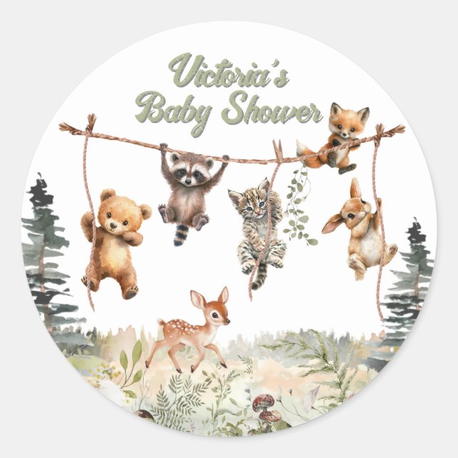 Sticker Rond Animaux des bois Clothesline Baby shower forestier (Devant)