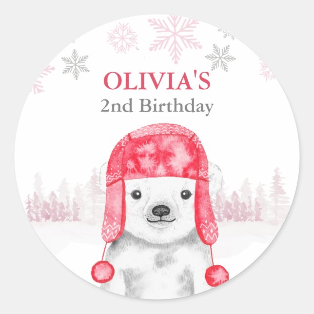 Sticker Rond Animaux d'hiver Anniversaire Fille Ours (Devant)