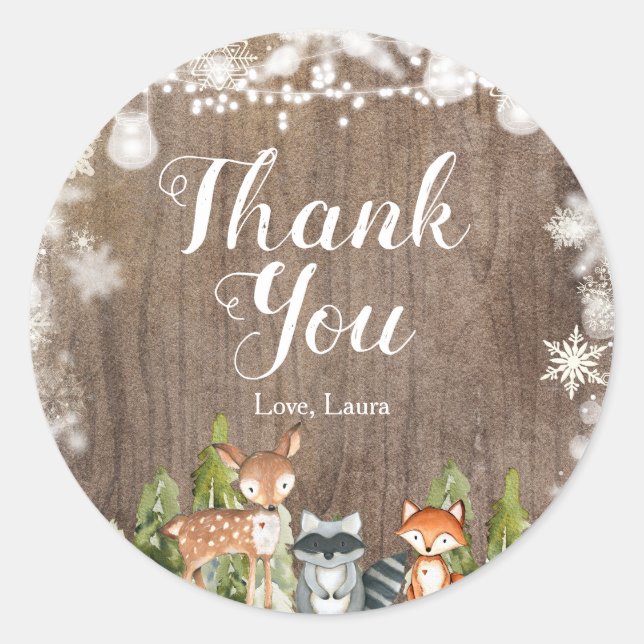 Sticker Rond Animaux d'hiver Snowflakes Baby shower Merci (Devant)