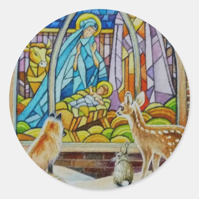 Sticker Rond Animaux et Nativité Verre de rideau Aquarelle Art (Devant)