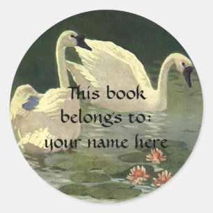 Sticker Rond Animaux sauvages oiseaux vintage, cygnes blancs vi