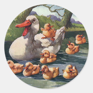 Sticker Rond Animaux sauvages vintages Oiseaux, canards Famille