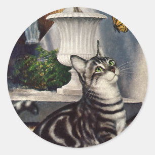 Sticker Rond Animaux vintage, chat tigré mignon et papillon